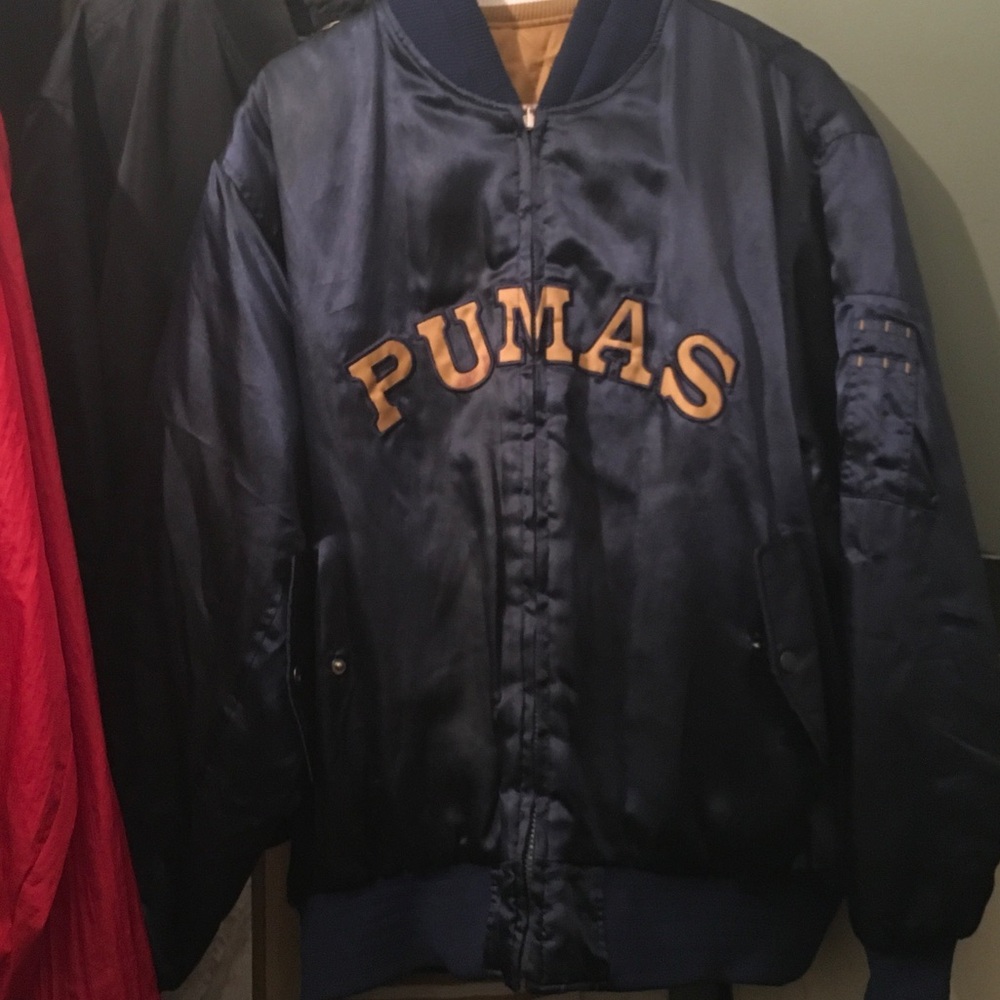 Soccer club throwback Navy Satin Bomber Jacket with Gold PUMAS